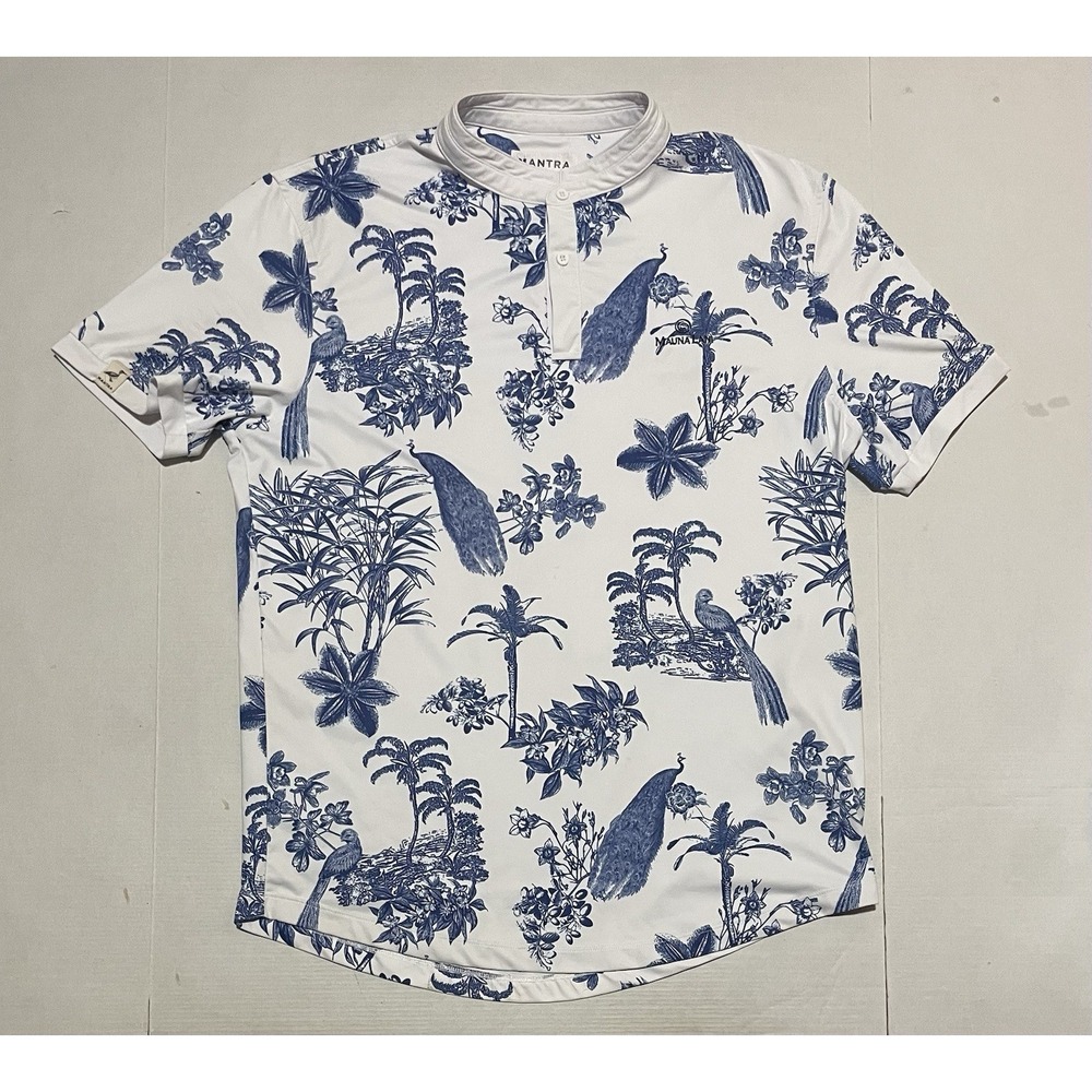 Mantra‎ Polo Shirt Mens Large Blue White Tropical Bird Print Performance Stretch